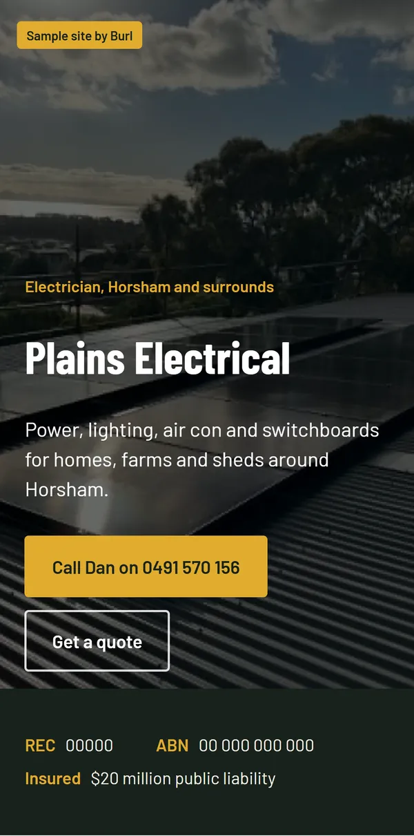 The Plains Electrical sample site on a phone: a call button, and the REC number, ABN and insurance shown under the heading