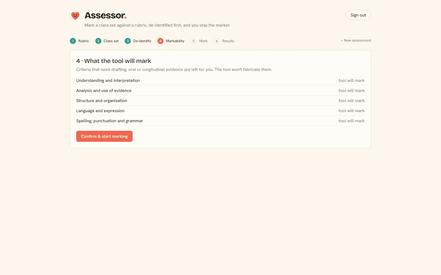 Assessor declaring what it can and cannot judge